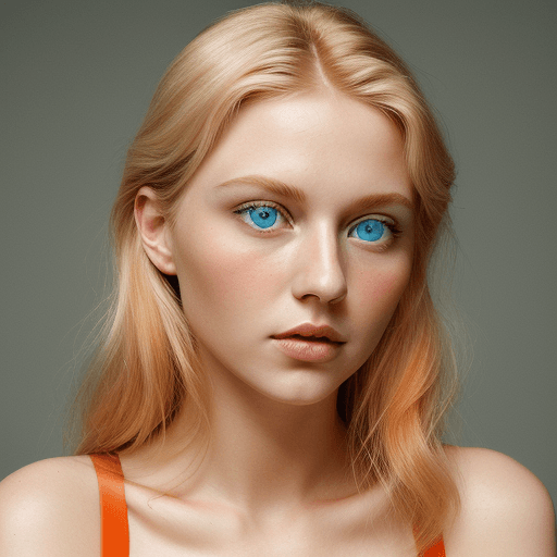AI generated: a beautiful blonde woman posing with blue eyes, in the style of light maroon and light emerald, pop ...
