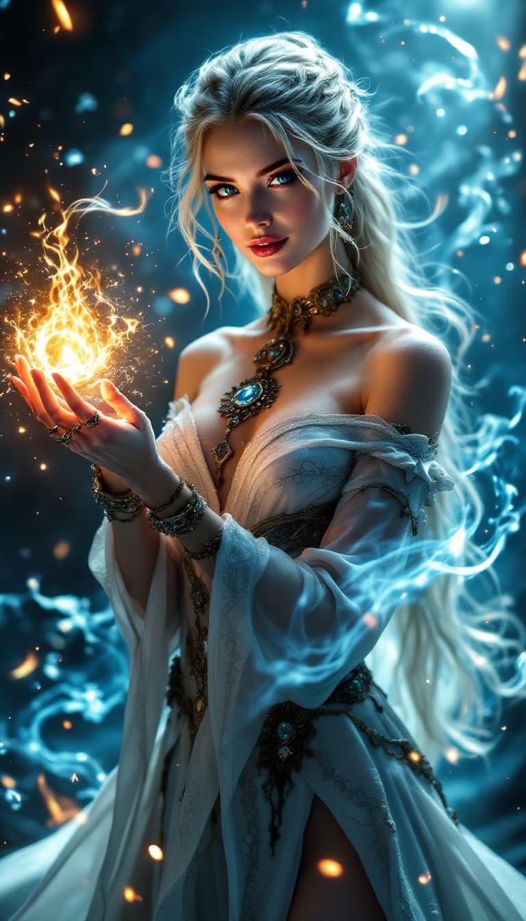 AI generated: A stunning slim female wizard stands poised in a magical dark fantasy realm, casting a mesmerizing s...