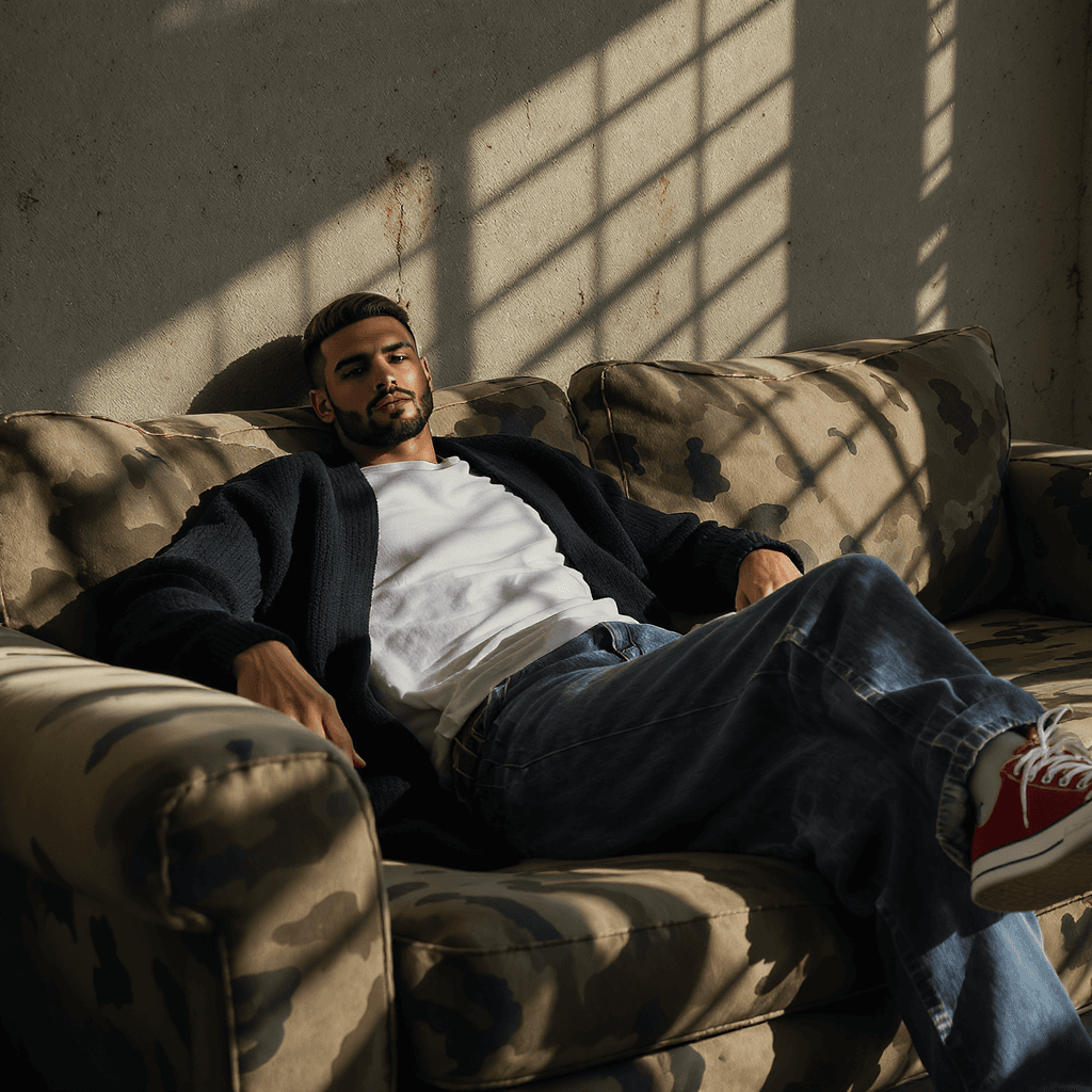 AI generated: photography, magazine cover, Long Shot, tilt shot, male model lounging on a worn camouflage sofa, ca...