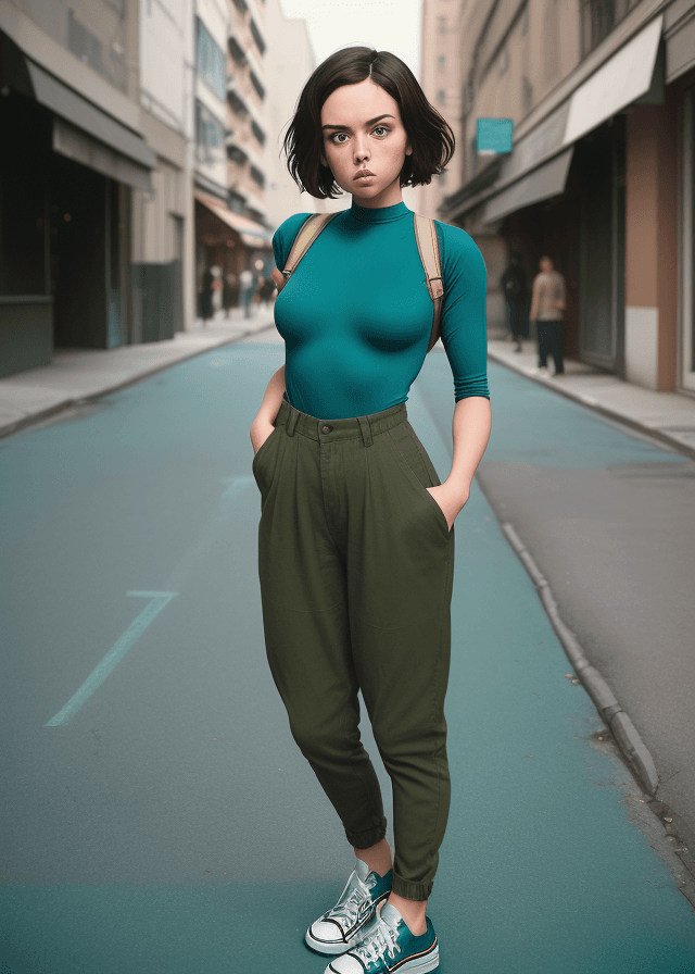 AI generated: realistic, female, 5' in height, short dark hair, surprised, wearing teal bodysuit, and olive pants,...