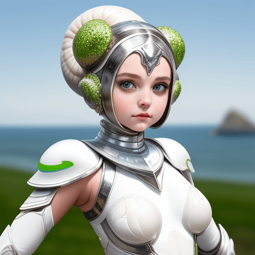 AI generated: snail girl, sequins on the face, meshy skin, cute face, white armor, pose, thin thallus, horizon, ag...