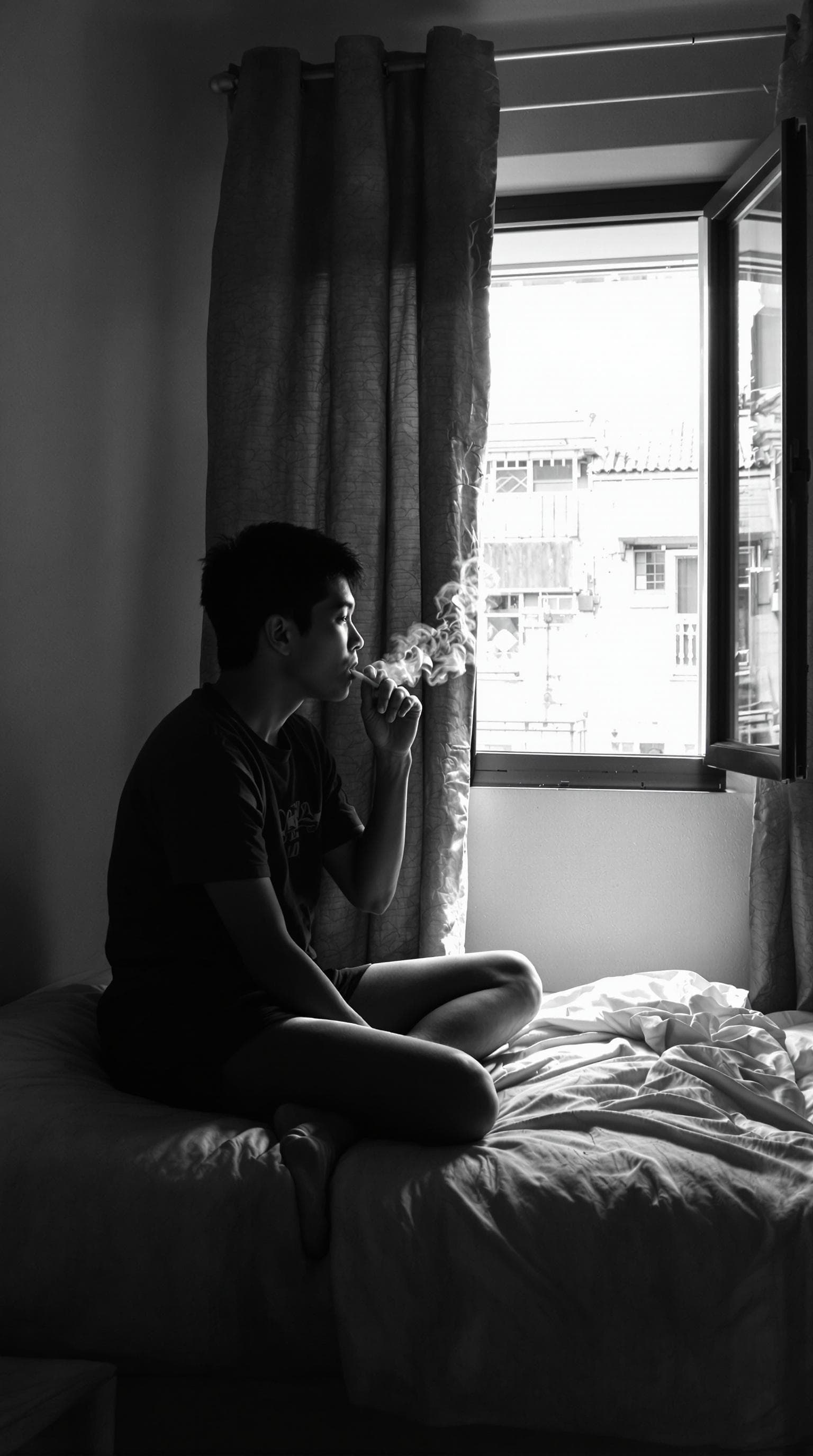 AI generated: Cinematic black and white, an Asian looking boy is sitting on the edge of the bed, smoking, room is ...