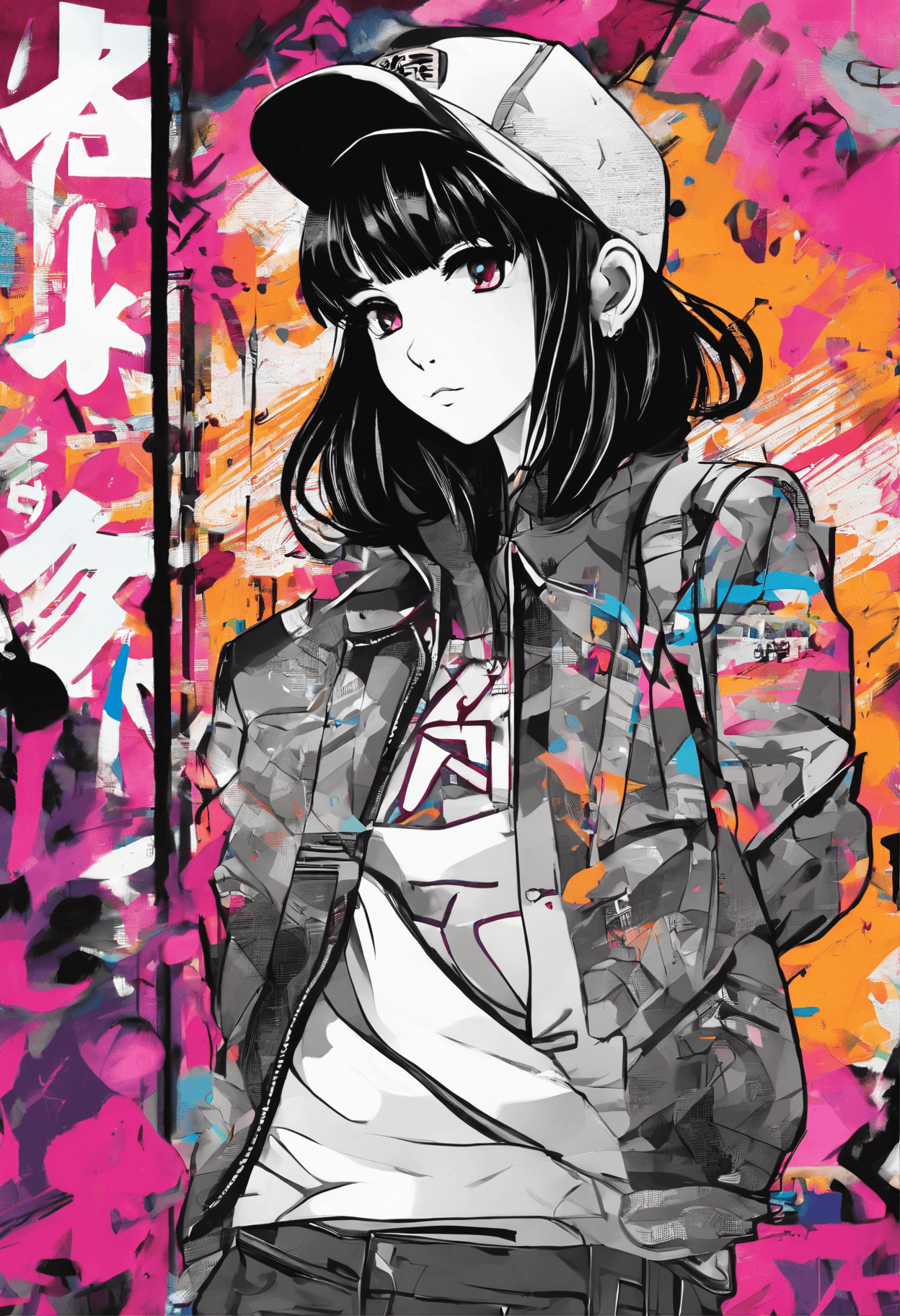 AI generated: masterpiece, digital art, monochromes, 1990s anime style, Black Hair Bob, Beautiful girl in Japan un...