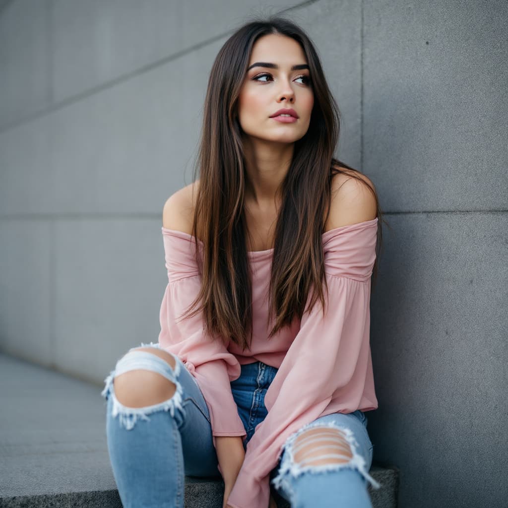 AI generated: A woman is seated on a wide step with her legs crossed. Her straight long brunette hair frames her b...