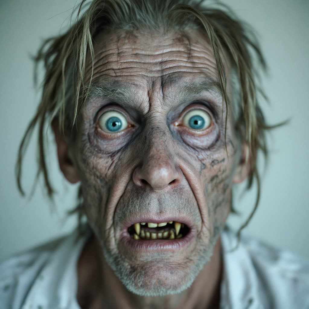 AI generated: the face of fear, depression and abandonment; 50 year old man; the focus is on the eyes, they are im...