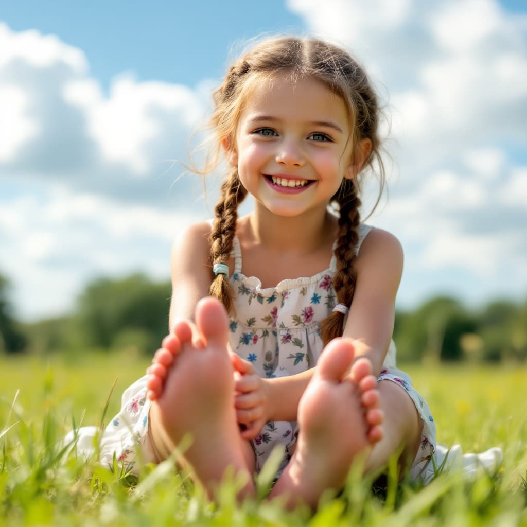 AI generated: A young Caucasian girl sitting on a grassy field during a sunny day, her bare feet playfully stretch...