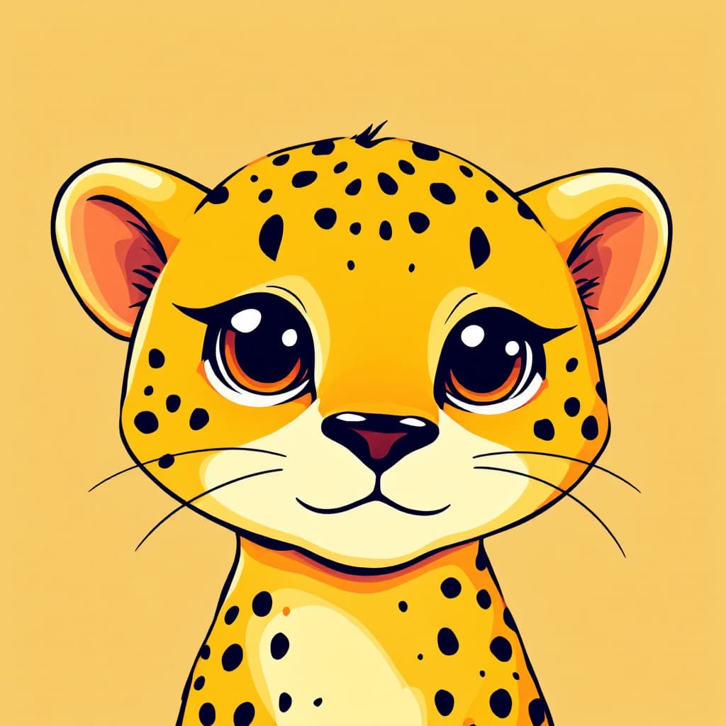 AI generated: illustration, vector cartoon-style, cute cheetah's face, zoom in, expressive eyes and a playful deme...