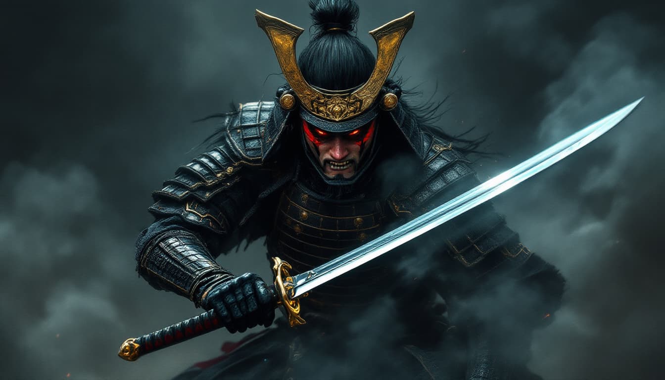 AI generated: Emerging from a tumultuous backdrop of swirling smoke and shadows, a fierce samurai warrior commands...