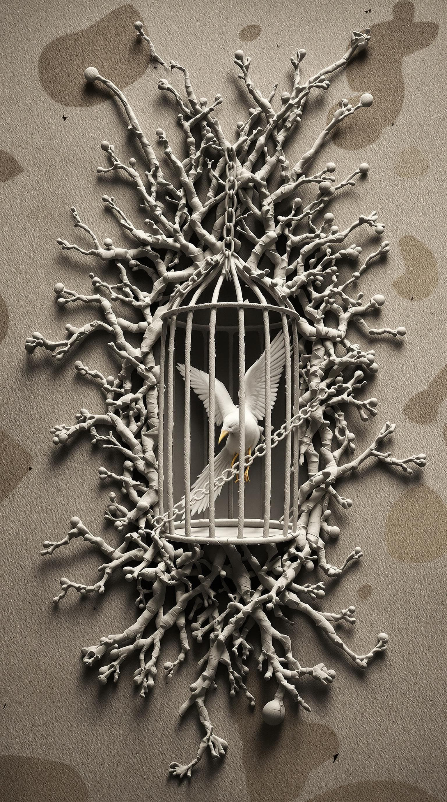 AI generated: 3d A bird in a cage in Chains with  and Chains shaped branches, in the style of medical imaging film...