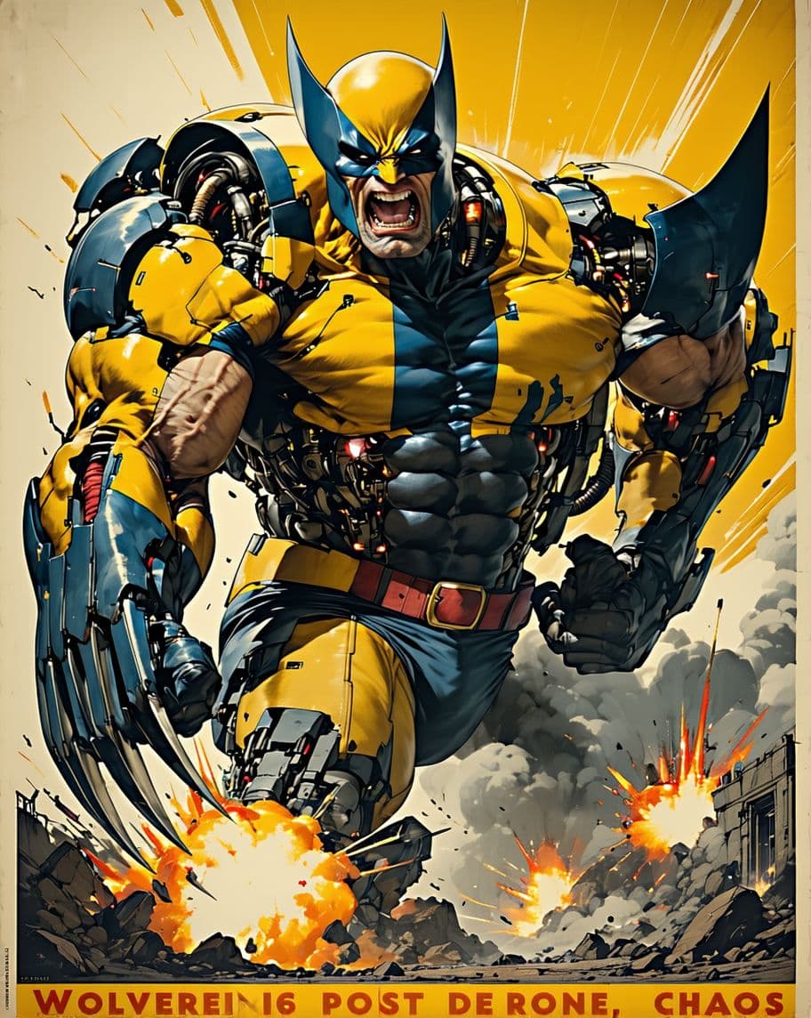 AI generated: Beautifully detailed vintage cartoon style illustration. Full body of Wolverine with sharp claws and...