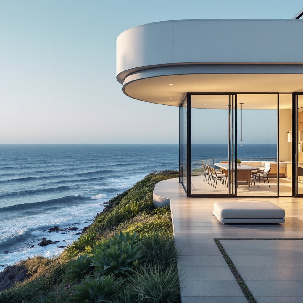 AI generated: Hyper realistic eye level exterior photo of a mid century modern style house overlooking the ocean, ...