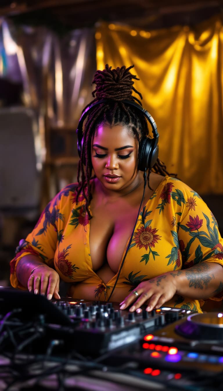 AI generated: Photo of a 27-year-old white woman with a chubby body, a dj wearing headphones, tattoos on her hands...