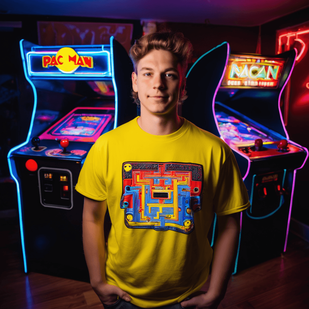 AI generated: A nostalgic 25-year-old retro gamer, surrounded by classic arcade machines, sports a vintage Pac-Man...
