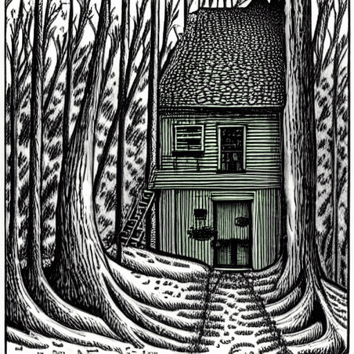 AI generated: a dark black and green mystic forest, with a house and a way, a spring, many details, art by robert ...