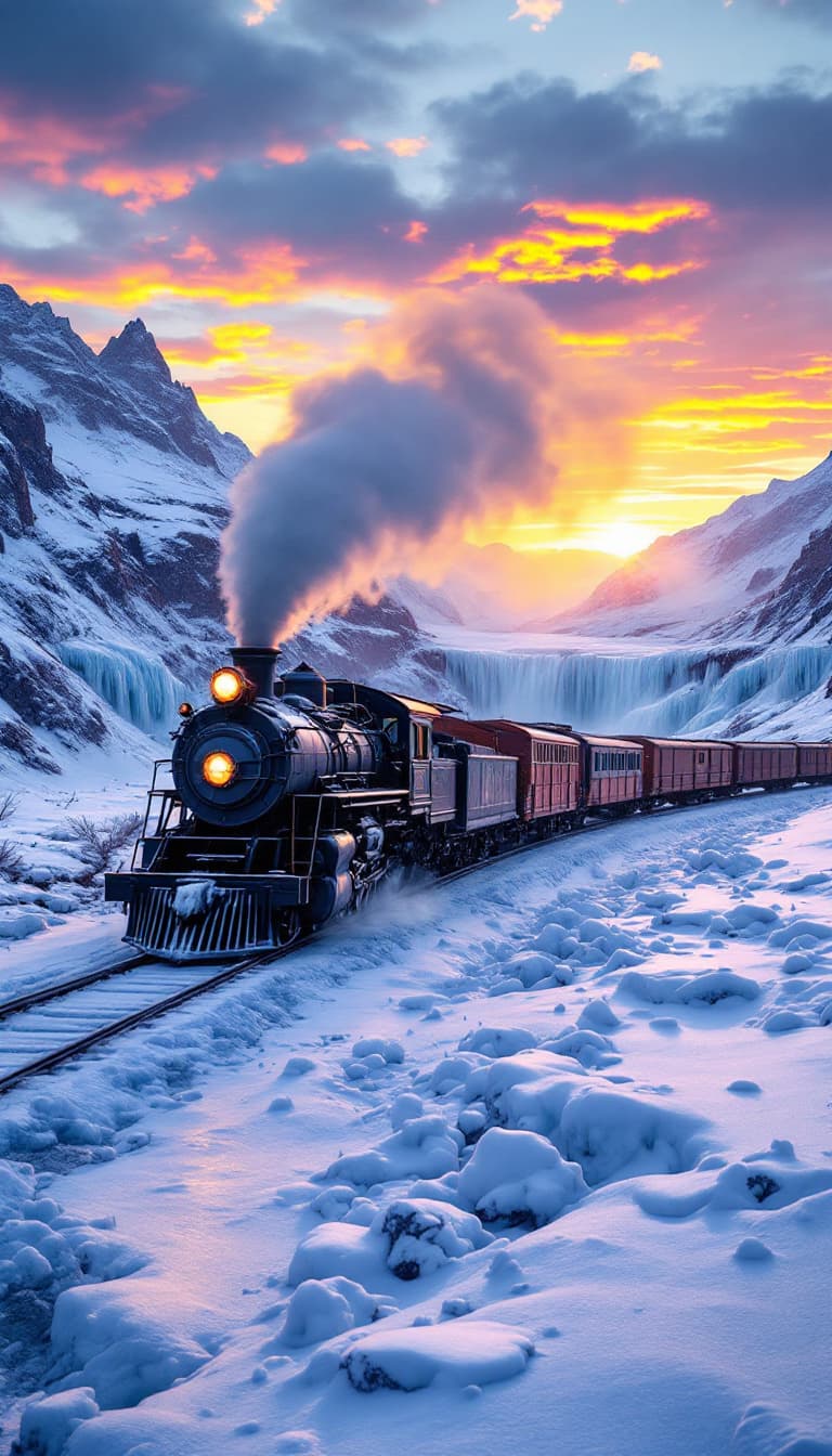 AI generated: An old locomotive pulling several box cars is going through a mountainous area during the winter. Th...