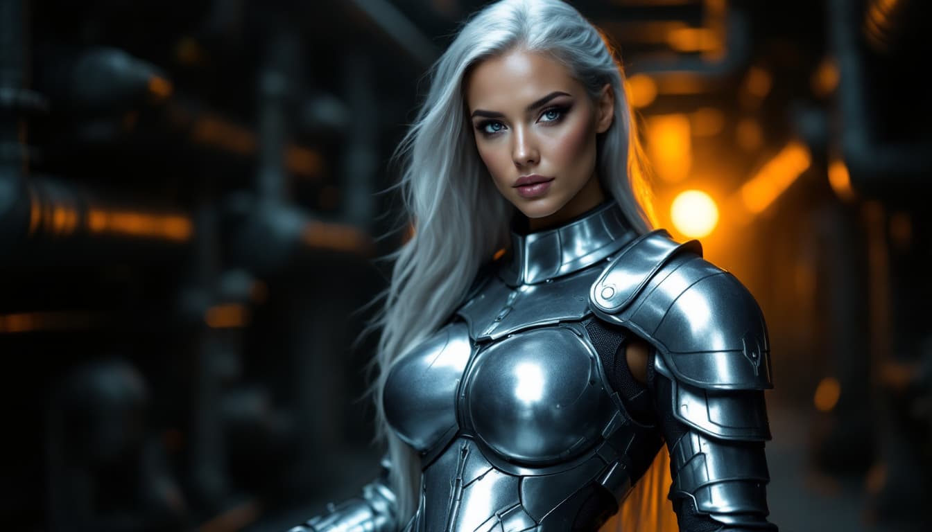 AI generated: a beautiful stunning woman clad in a silver suit of armor, posing confidently in a dark, industrial ...