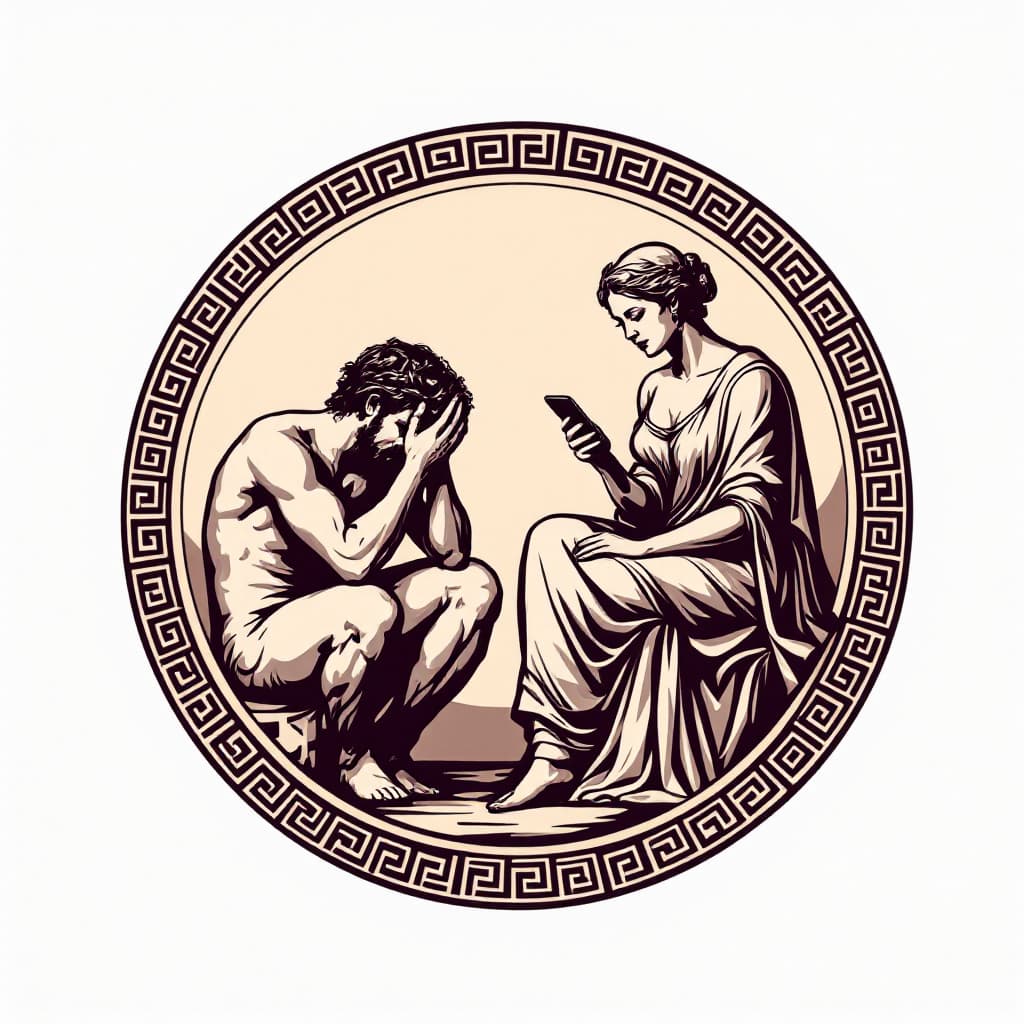 AI generated: A bold circular emblem in Greco Roman style featuring two central figures: a sorrowful, kneeling Apo...