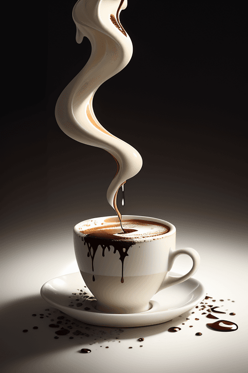 AI generated: The image captures a splash of coffee and cream outside a cup. . The suspended droplets and the smoo...