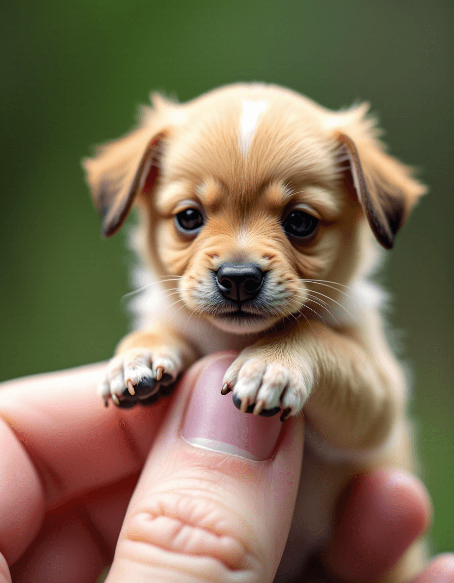 AI generated: macro photography of a miniature cute puppy at your fingertips