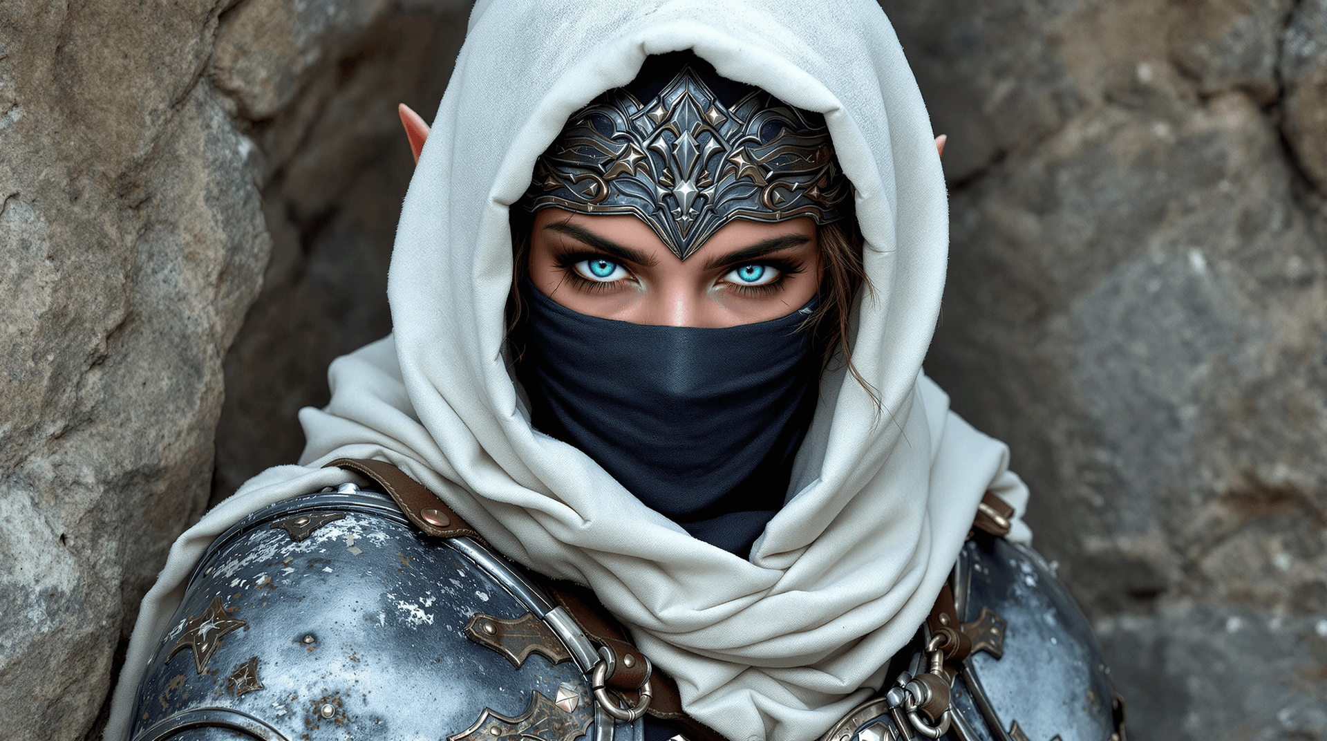 AI generated: female warrior, young adult, likely Middle Eastern, wearing intricate, dark-gray metal armor with br...