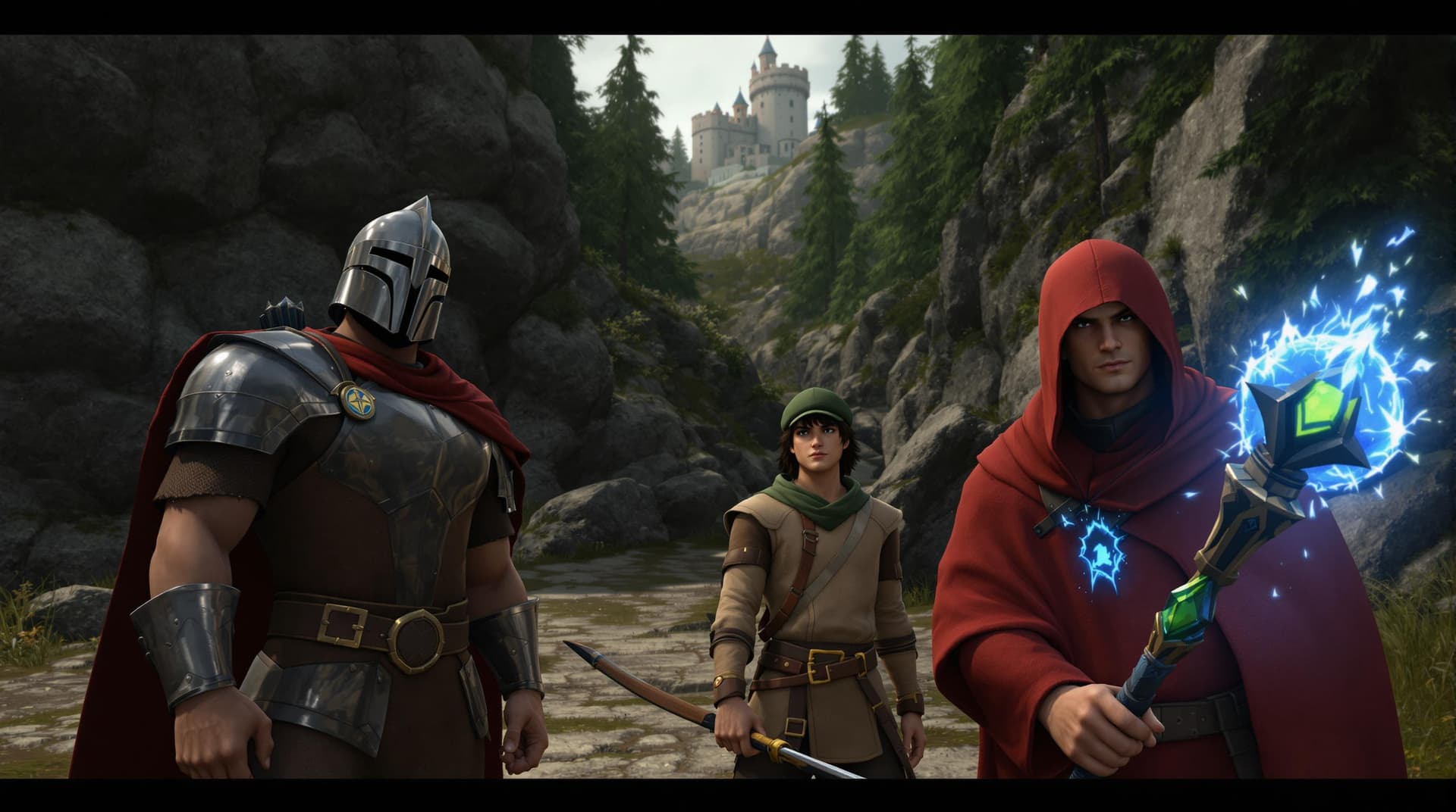 AI generated: three characters in a forest setting. The man on the left wears a silver helmet, brown tunic, and re...