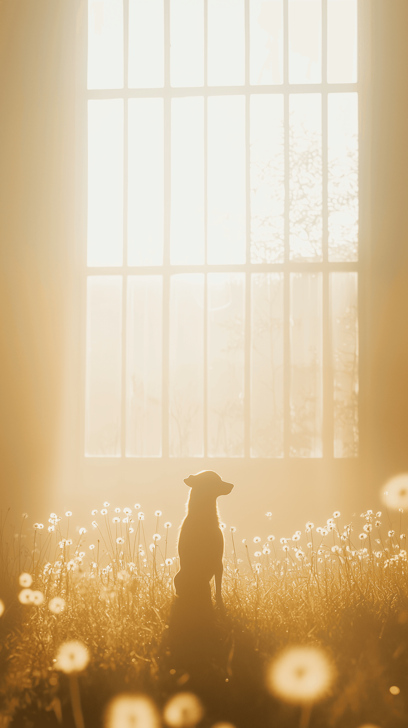 AI generated: editorial photography, wolf standing in a sunlit abandoned room filled with blooming dandelions, gol...