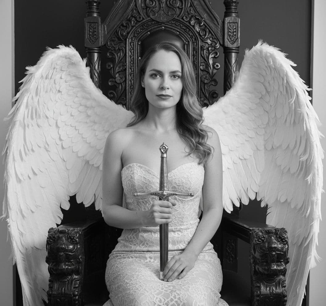 AI generated: A young, fair-skinned woman, is the central focus, seated upon an ornate, dark wooden throne. She po...