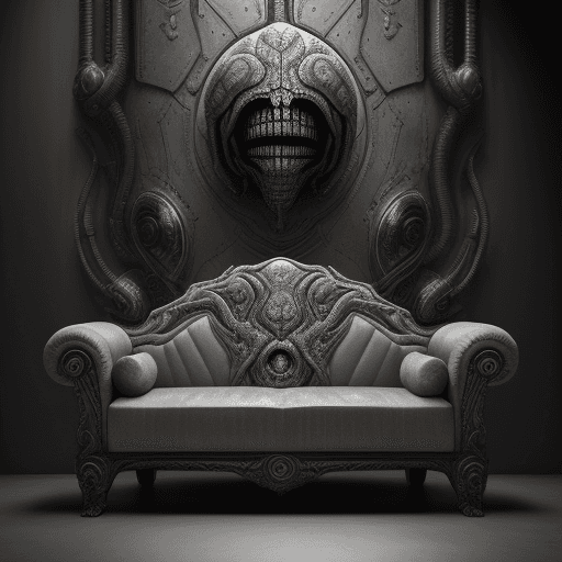 AI generated: huge HR Giger style couch, concept furniture, painting on grey, hyper realistic, illustration, digit...