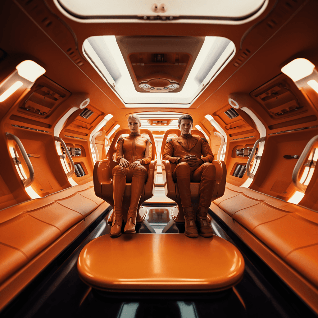 AI generated: general view of a man and a woman wearing futuristic uniforms, inside the interior of a spaceship wi...