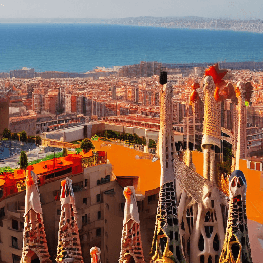 AI generated: Barcelona skyline, SAGRADA FAMILIA ,Mahou, sun and beach, orange, yellow and red colors, terrace wit...