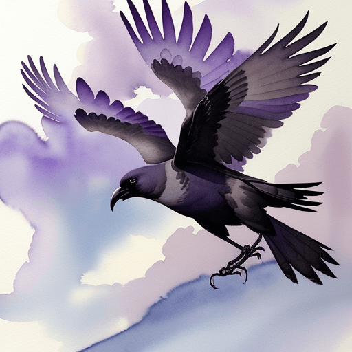 AI generated: watercolor, hazy painting of a crow in flight through clouds, using some purple, blue, and tan highl...