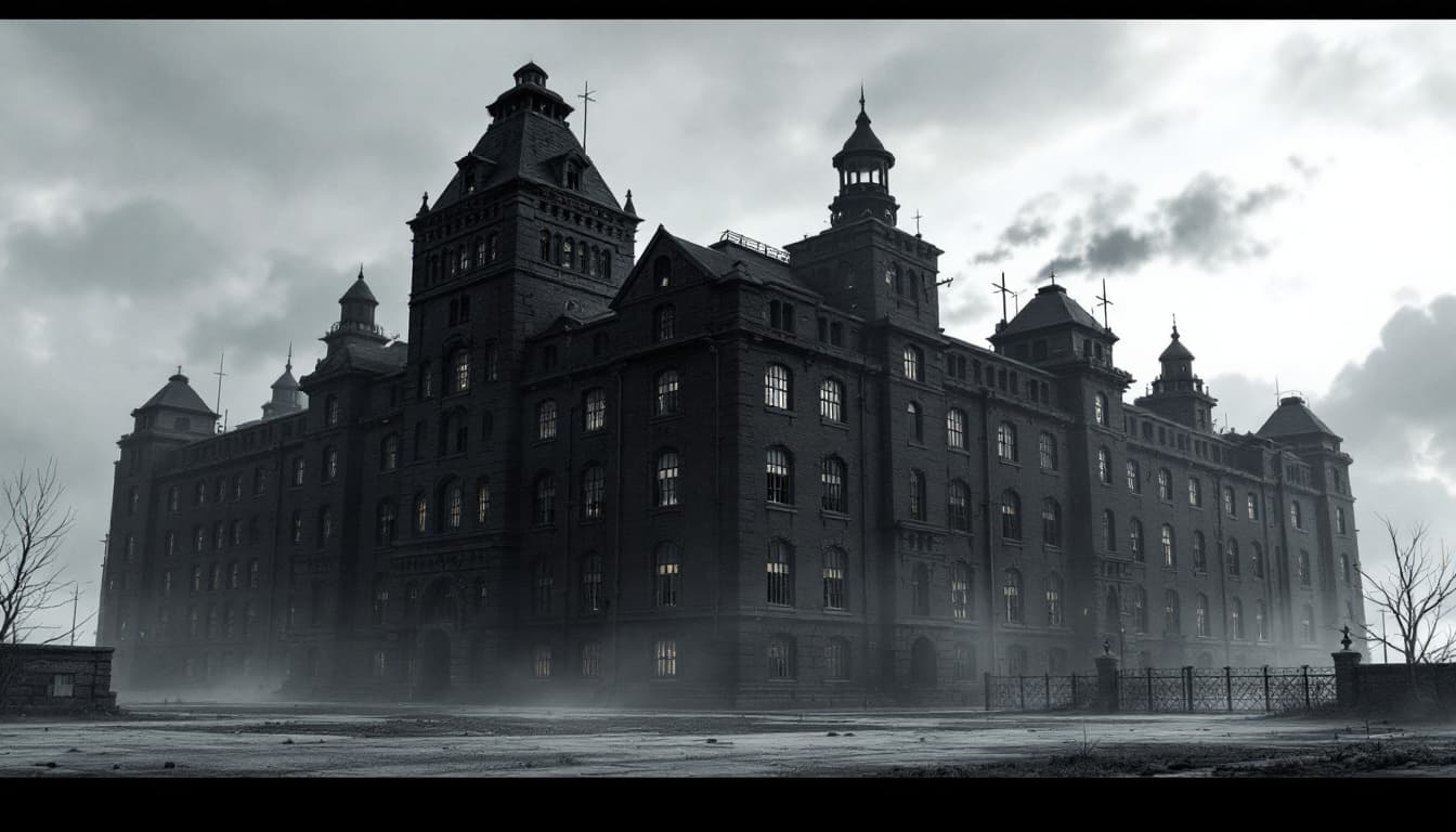 AI generated: (6-story:2.2) grand building, black exterior brick walls, prison atmosphere, bars on windows, depres...