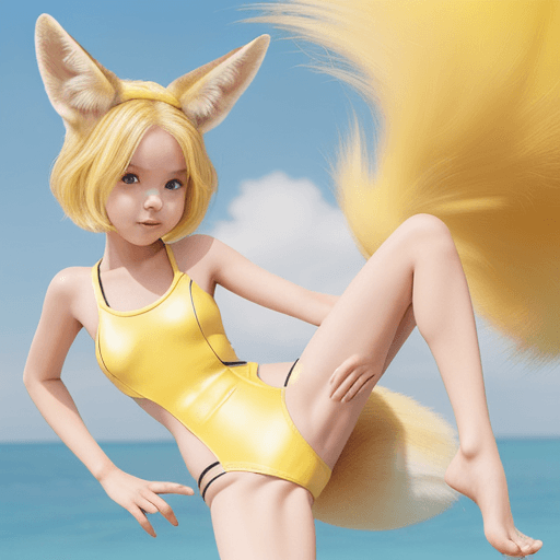 AI generated: girl with yellow fennec fox ears, yellow fennec fox tail, yellow hair, and yellow school swimsuit TY...