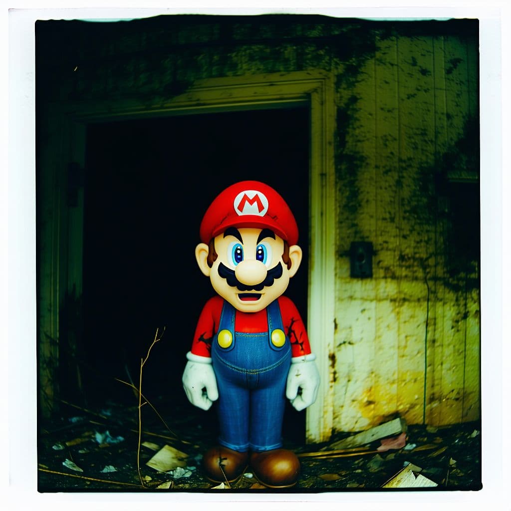 AI generated: grainy 80's photograph quality polaroid of tortured miserable mario caught in an abandoned house, da...