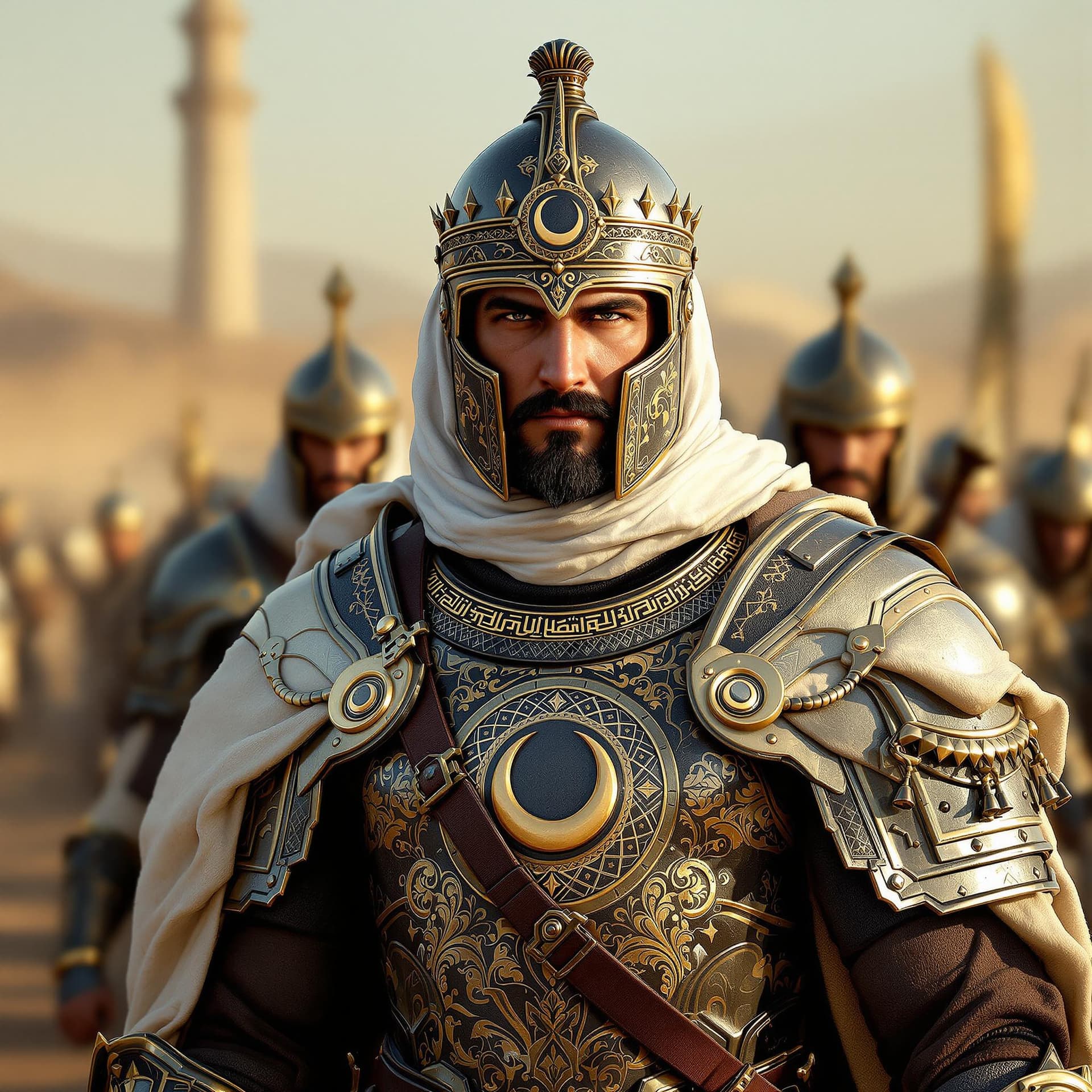 AI generated: 
Photorealistic photo of the armor and helmet of an Arab warrior, featuring traditional Arabian desi...
