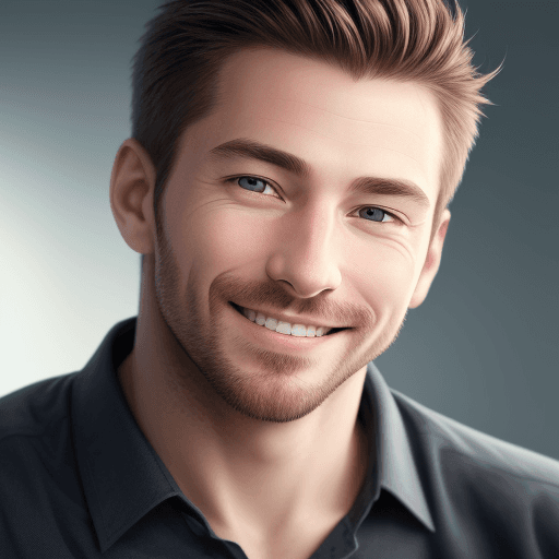 AI generated: hyper realistic headshot photo of a man looking into the camera smiling slightly, calm features, loo...