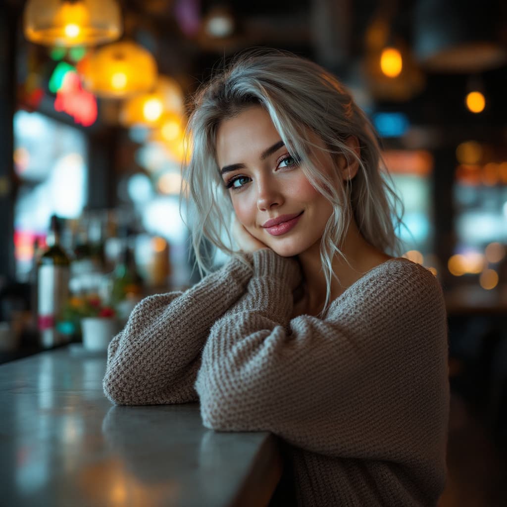 AI generated: A beautiful girl with silver hair in an open sweater is leaning on the counter of a cyberpunk bar, s...