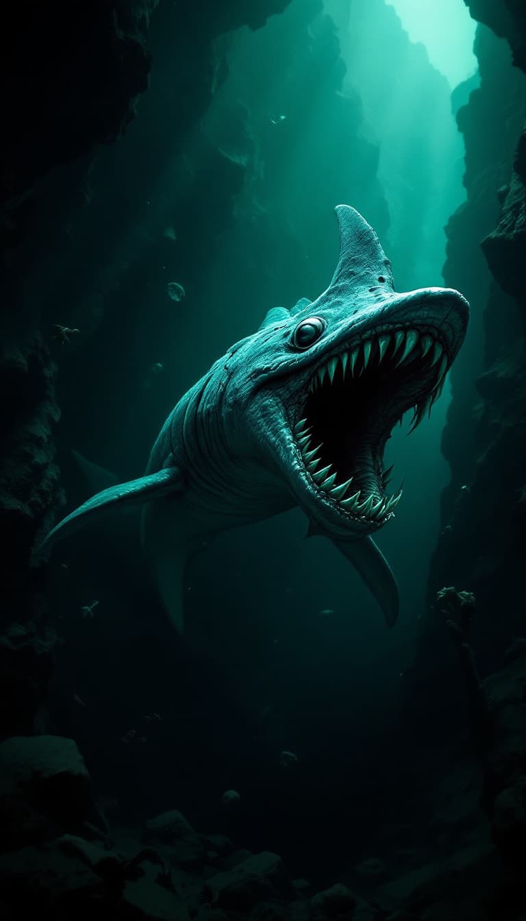 AI generated: A full-body Helicoprion gliding through a deep, ancient ocean canyon. Its strange, spiral jaw is ful...