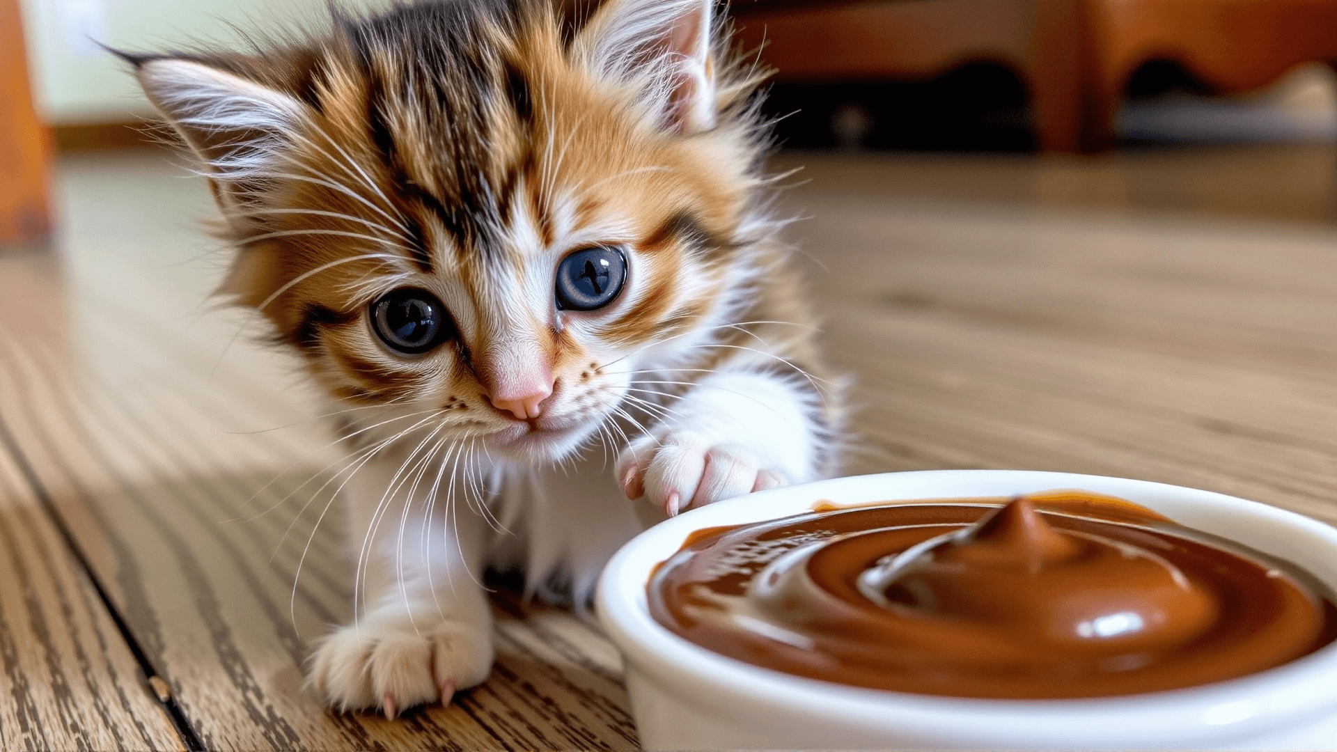 AI generated: Curious Cat Pudding: A small, fluffy kitten cautiously reaching out a paw to gently tap or sniff a b...