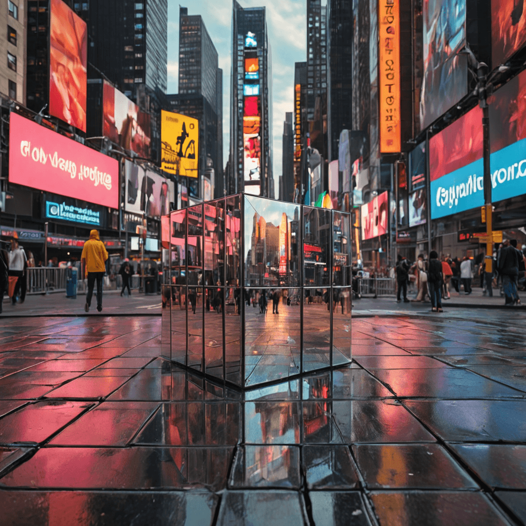 AI generated: A giant mirror cube in the middle of Times Square, deserted, without people or cars, reflecting the ...