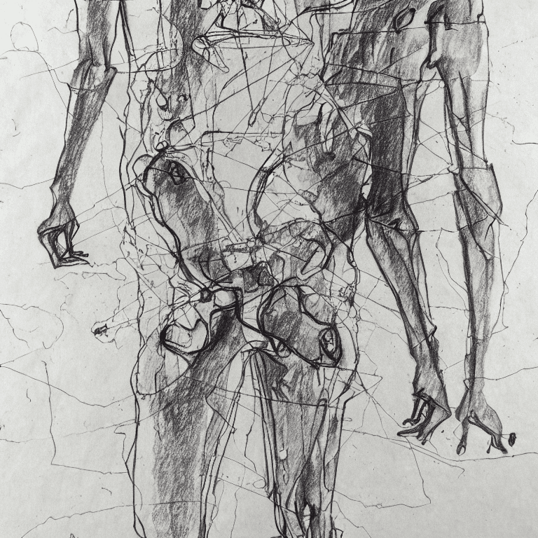 AI generated: Ink illustration,  paranoid, annotated, messy, disorganized, whole human figure with Anatomical inco...