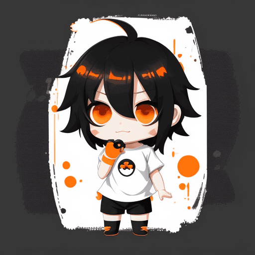 AI generated: An adorable chibi character in a white long shirt, black shorts, orange eyes, Vector Art art, super ...