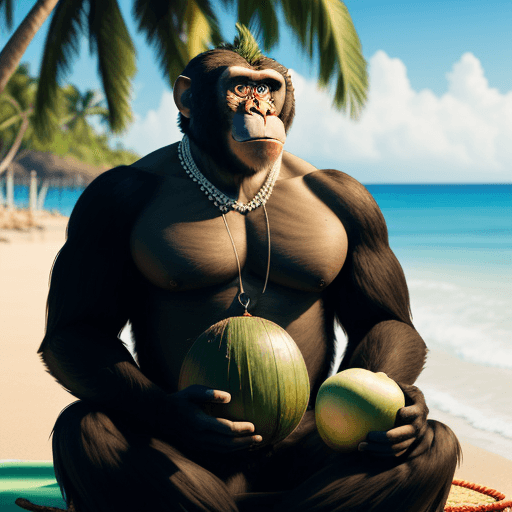 AI generated: a big monkey with a green coconut, black body and white chest sitting on a beach looking at the ocea...