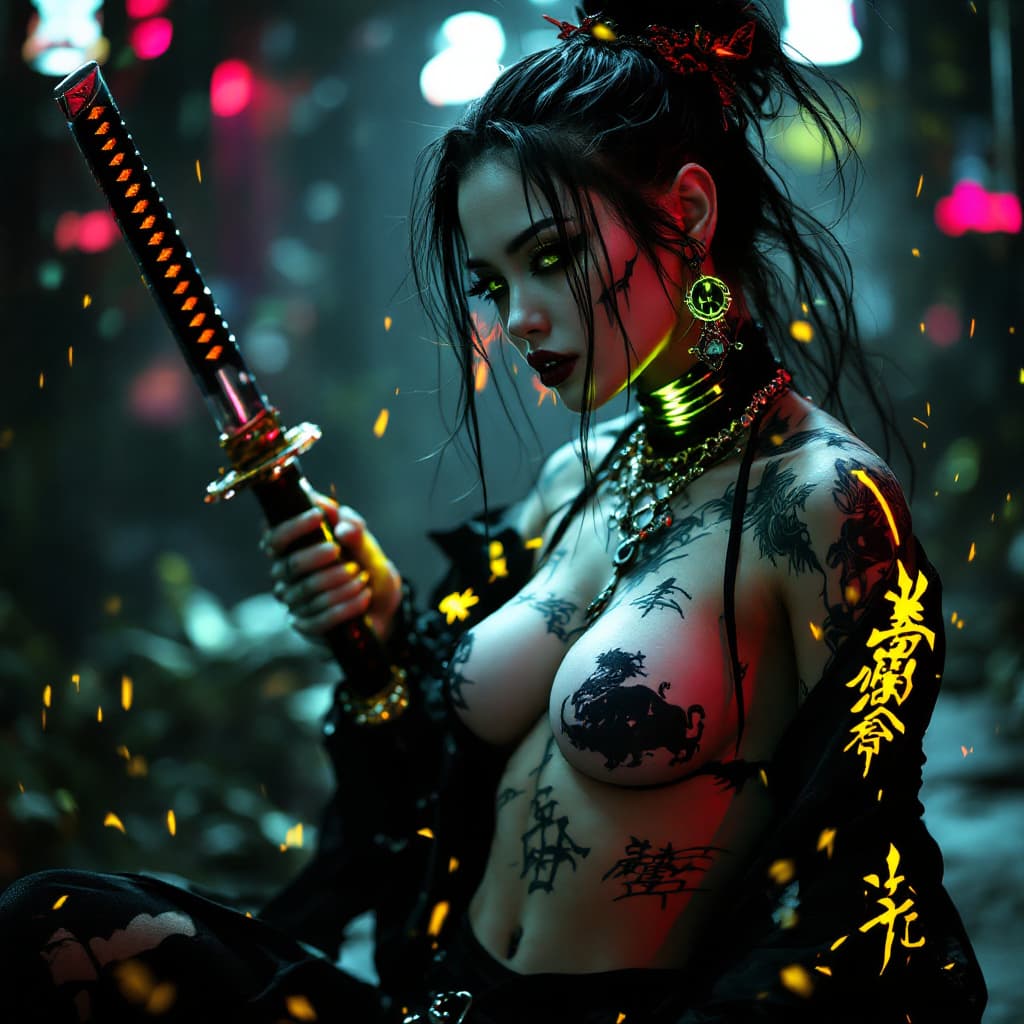 AI generated: Editorial Vivienne Tam photograph of a Japanese gothic punk rebel [woman] with yellow and black neon...