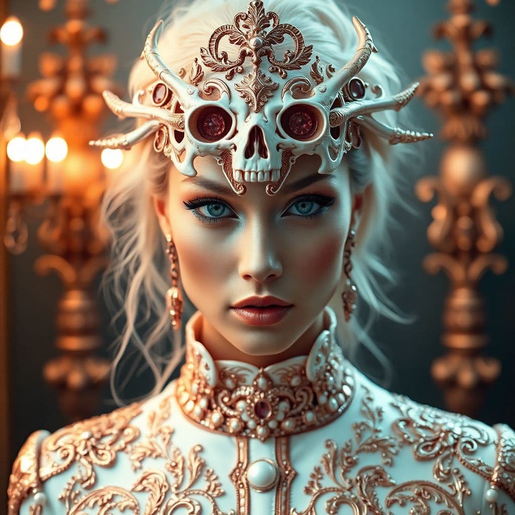 AI generated: Imagine a striking photo portrait of a woman, exuding a blend of ethereal beauty and bold fashion. H...