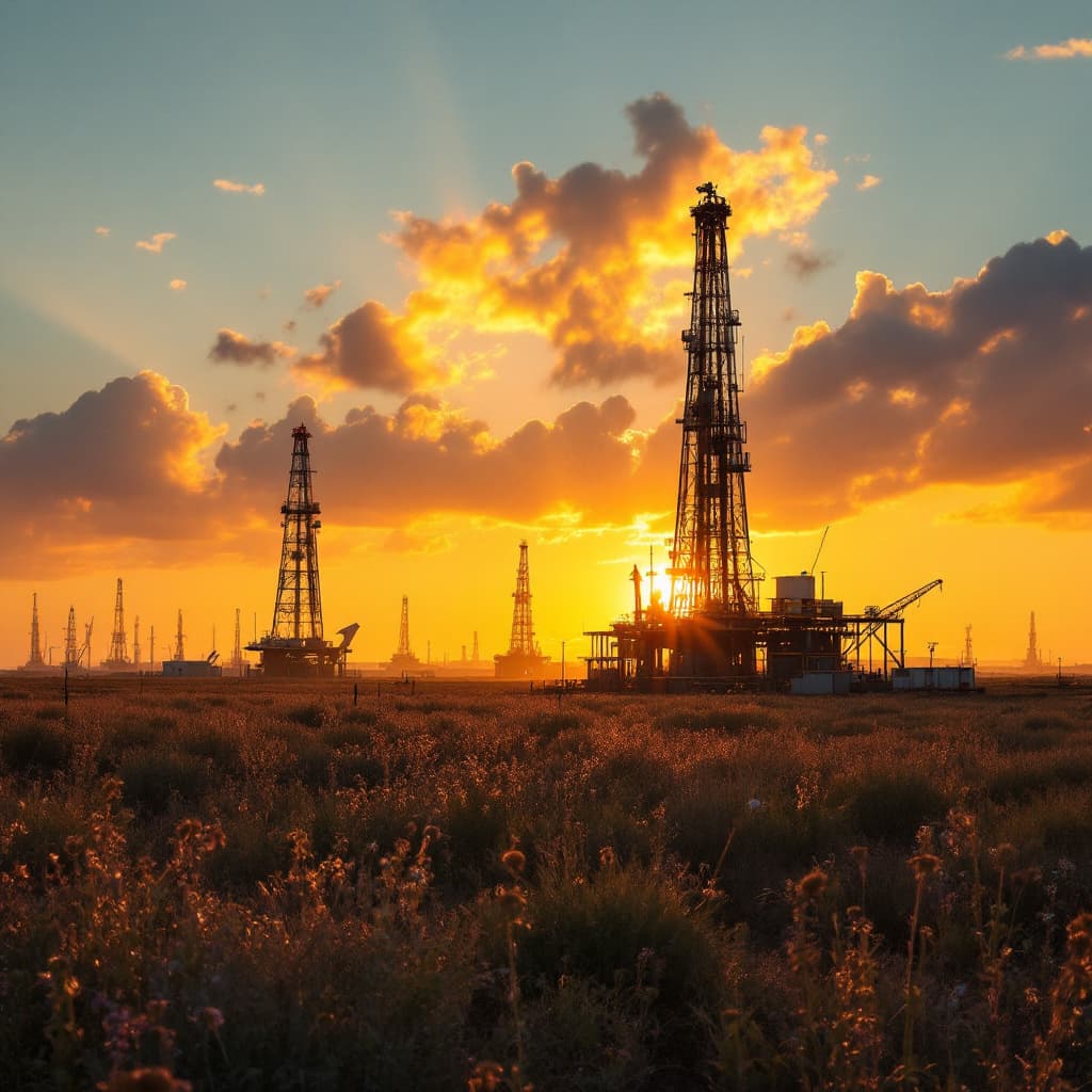 AI generated: land oil rigs, golden hour

