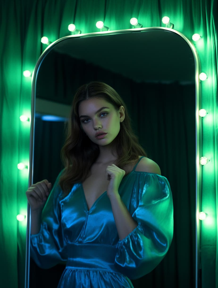 AI generated: a woman standing in front of a mirror in a green room, barbara palvin, blue light accents, dua lipa,...