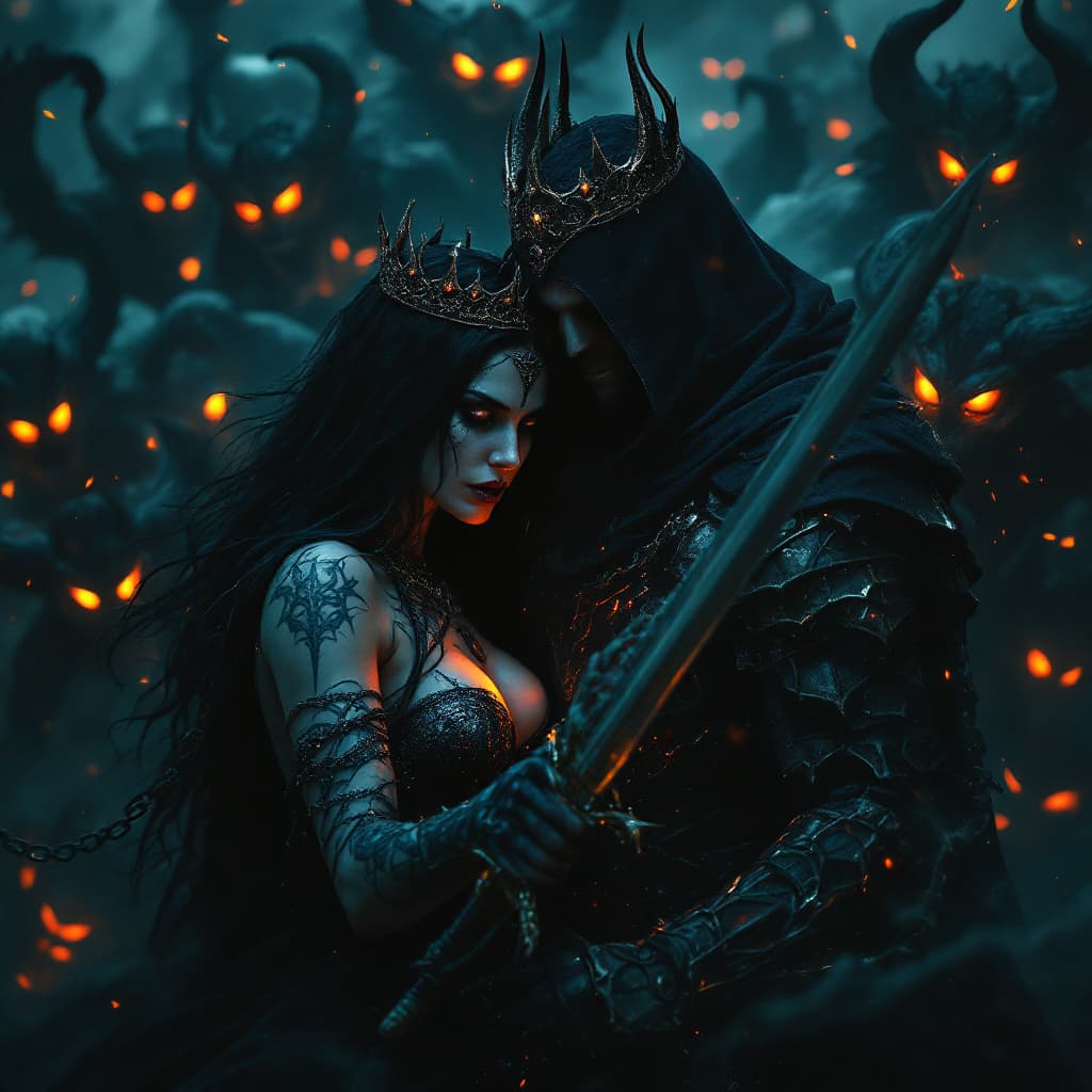 AI generated: A demonic woman and her man fighting demons with glowing eyes in the night. they are surrounded by t...
