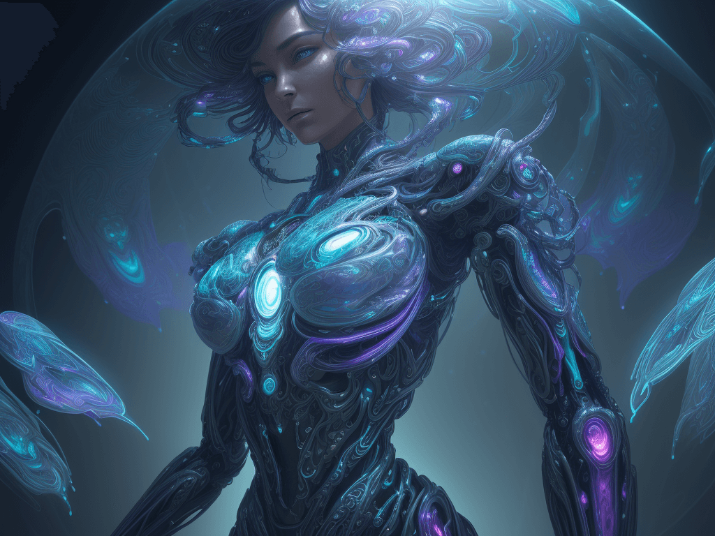 AI generated: 
In this mesmerizing depiction, envision a psychedelic organic cyborg encapsulated in holographic pl...