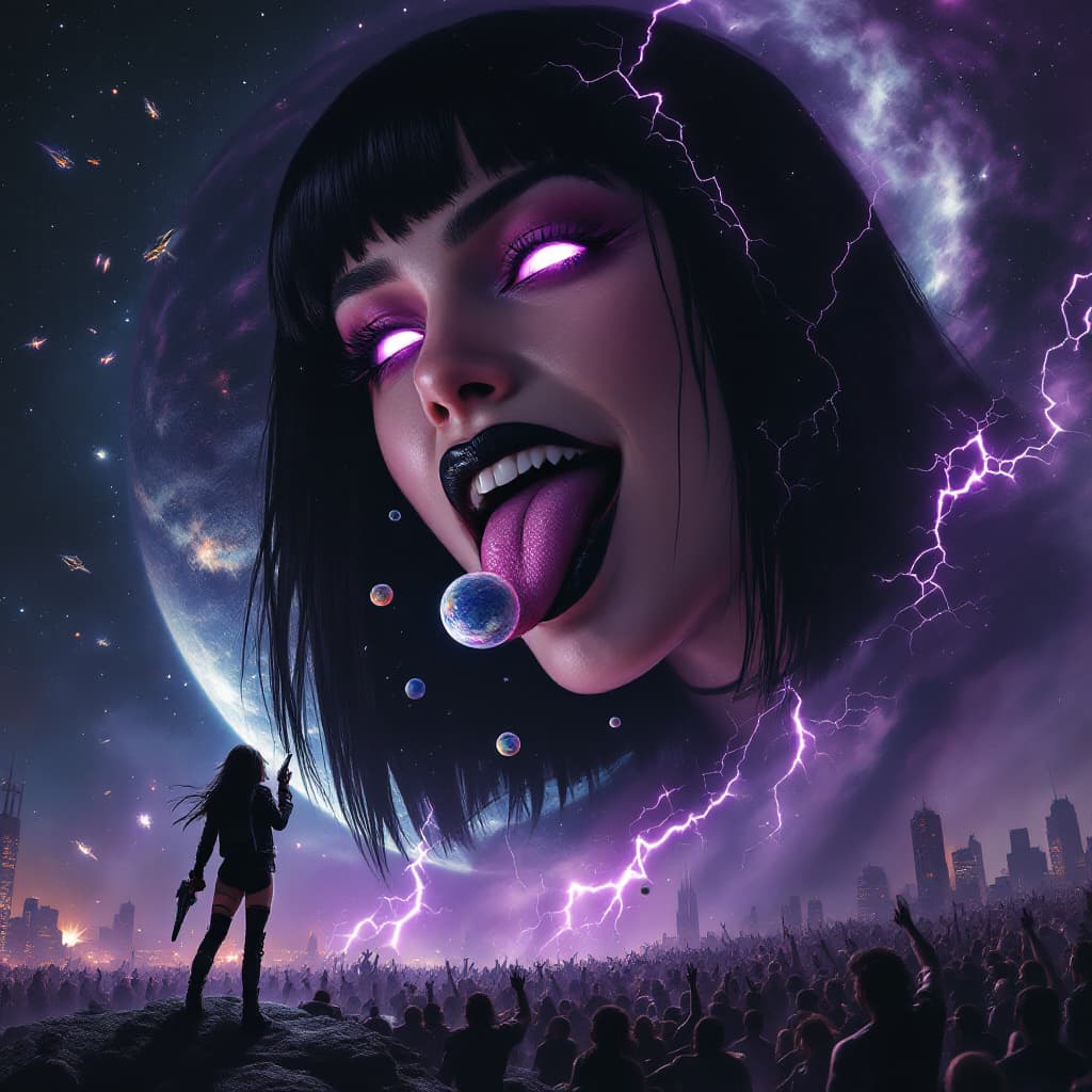 AI generated: enormous giantess female who looks exactly like WWE superstar 
 Rhea Ripley with black medium length...